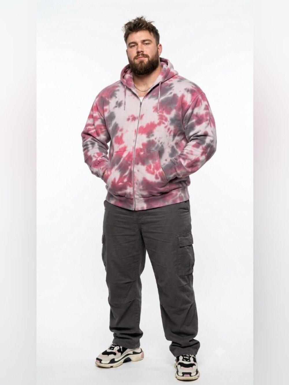NWOT LARGE Tie-Dye Pink & Gray Zip Hoodie - Men’s Casual Sweater